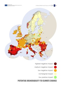 Vulnerabilità del territorio europeo agli effetti del cambiamento climatico (fonte Espon in M. Carta, 2013).